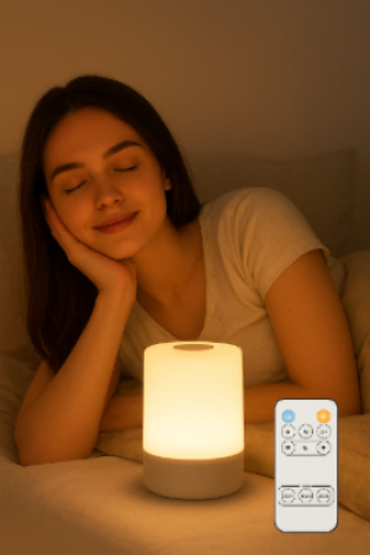 Woman lying in bed with a glowing night light and remote control in the foreground.